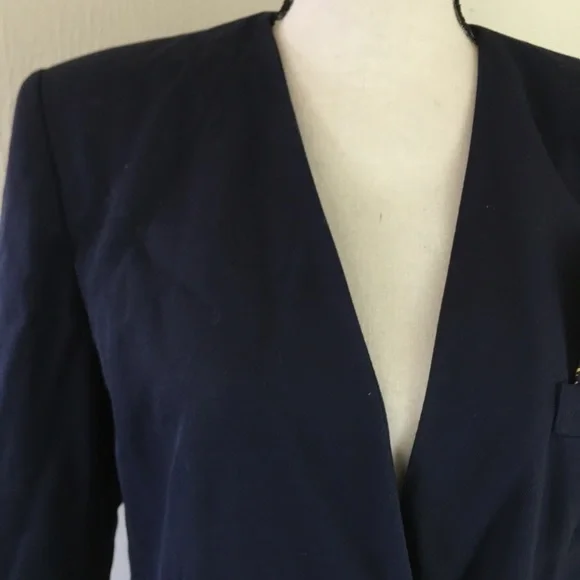Vintage 90s Kasper Navy Blue Skirt Suit Pleated Double Breasted Collarless 14 - Picture 4 of 8